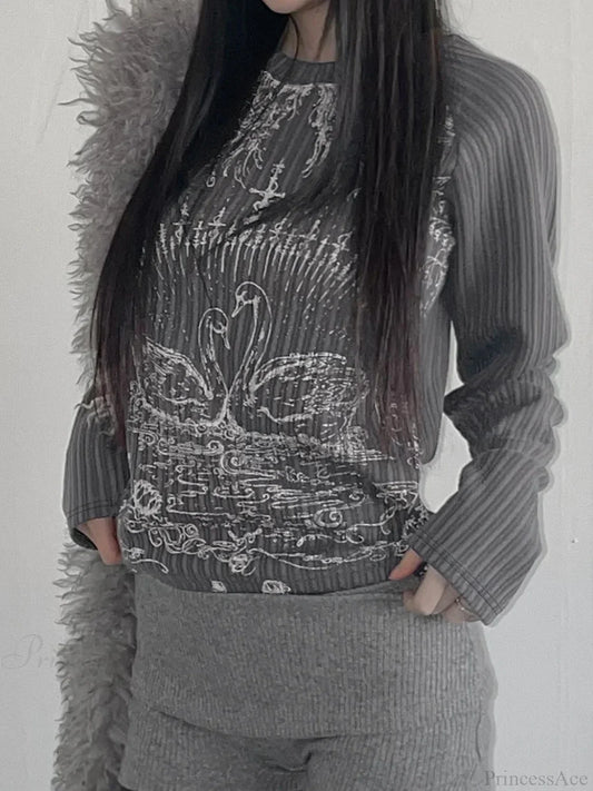 Emotional Printed Round-neck Knit Top Grey / S