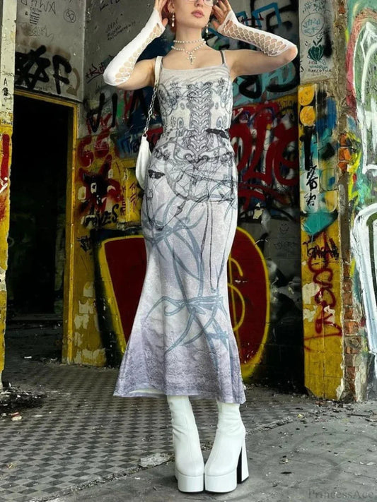 Emotional Y2K Butterfly Printed Tall Waist Full-Length Dress Blue / S