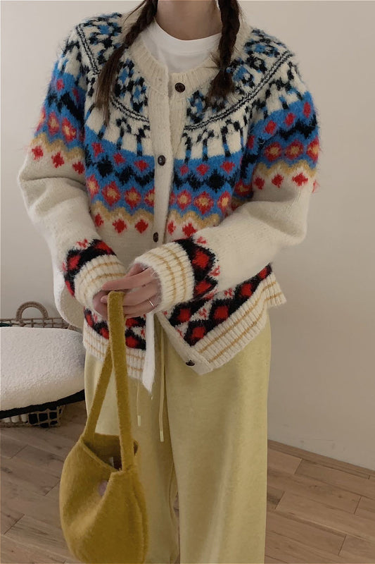 Vintage Fair Isle Jacquard Colorblock Strickcardigan