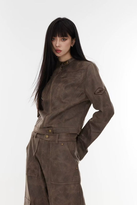 Cropped Tie-Dye Stand Collar Jacket M / Brown