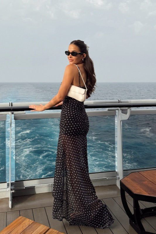 Gepunktetes, gerüschtes Spitzen-Mesh-Cami-Maxikleid