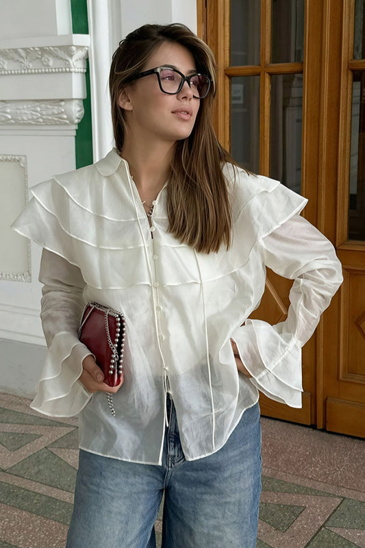 Ruffled Flare Sleeve Tencel Chiffon Blouse