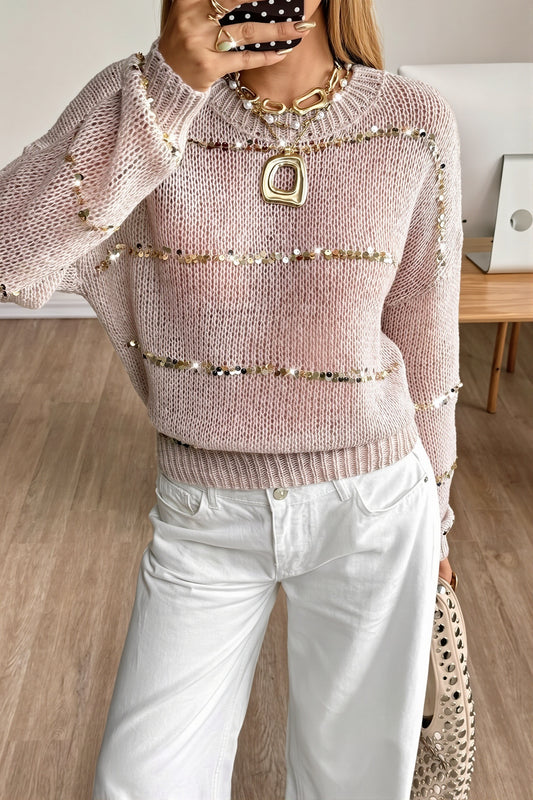 Beaded Stripe Crew Neck Sweater