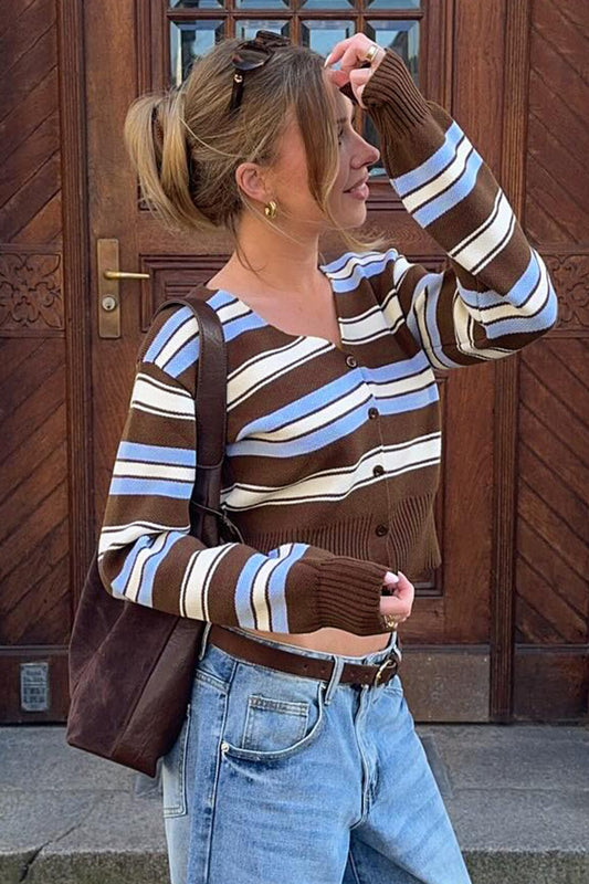 Retro Niche Gestreifter, schmal geschnittener Langarm-Strickcardigan