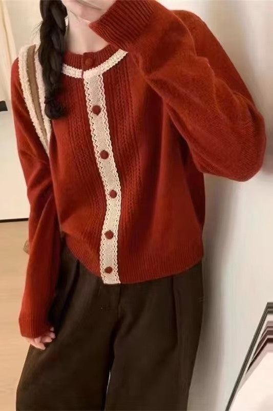 Vintage-Strickjacke mit Spitzenbesatz