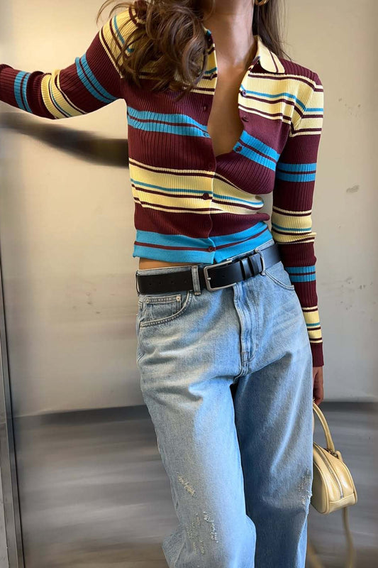 Strickjacke mit Knopfleiste, Streifen, Retro-Kragen, schmaler Passform und langen Ärmeln