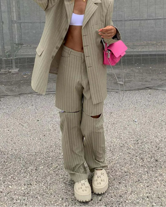 Khakifarbenes, bedrucktes, ausgehöhltes Hosen-Zweiteiler-Set fürs Büro