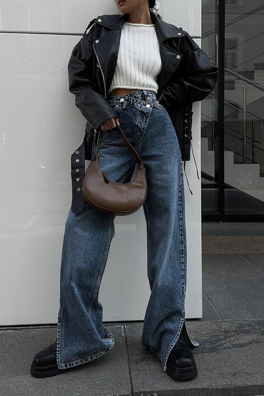 High Waist Asymmetrical Waist Split Straight Jeans