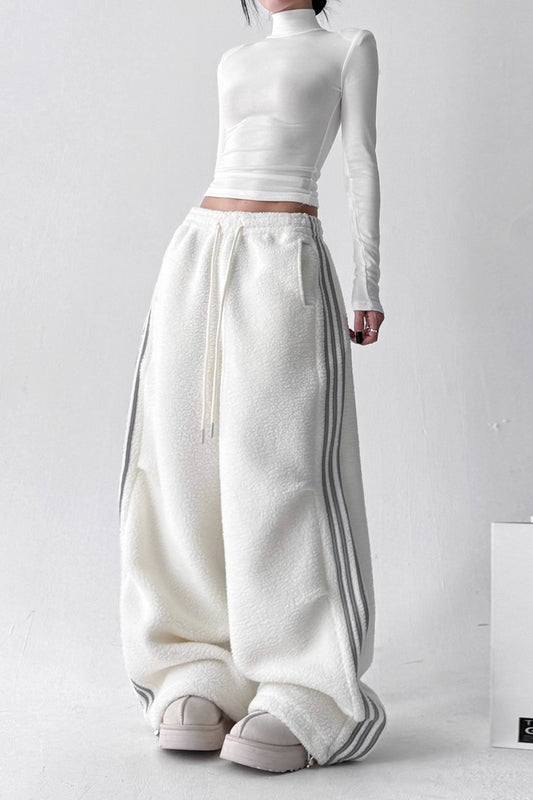Sporty Plush Wide-Leg Striped Pants