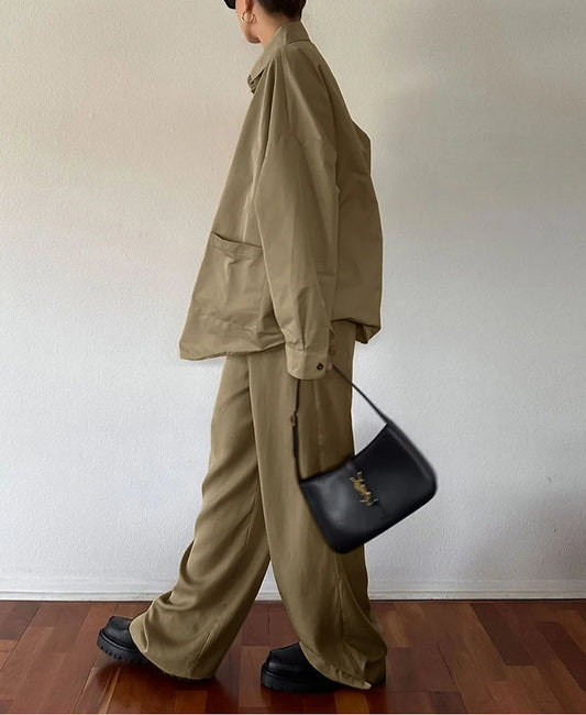 Braunes, hoch tailliertes Baumwoll-Zweiteiler-Set fürs Büro