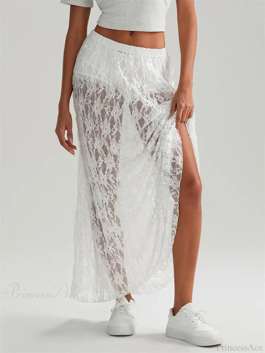 Fall Long Maxi Skirt Elastic Waist Lace Floral Casual Skirt skirt-250126