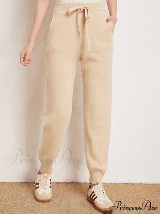 Fall New Solid Wide Pit Stripe Casual Knitted Wide-Legged Streetwear Pants Beige / M