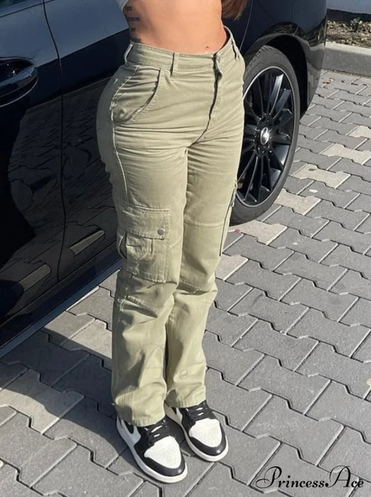 Fashion Baggy Cargo Big Pockets Pants Vintage Slim Y2K Women Waist Denim Armygreen High Khaki