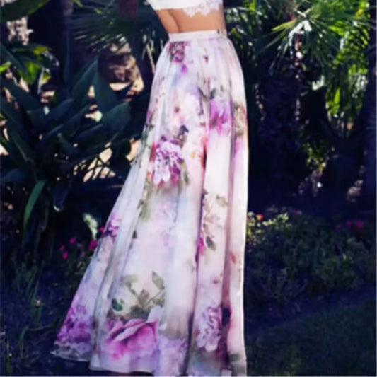 Fashion Boho Chiffon Floral Long High Waist Pleated Skirt Purple / S skirt-250126