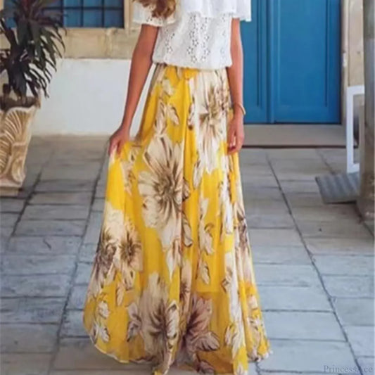 Fashion Boho Chiffon Floral Long High Waist Pleated Skirt Yellow / S skirt-250126
