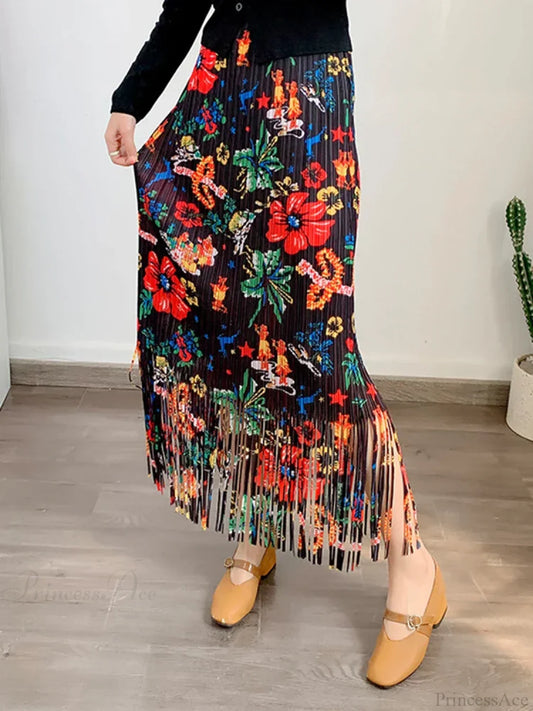 Fashion Printed Flower Tassels High Elastic Waist Skirt Black / One Size skirt-250126