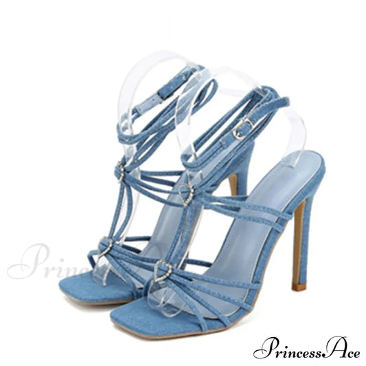 Modische Sandalen mit schmalem Band und Strass-Schnalle – Bankettschuhe mit quadratischer Spitze – Dünne High Heels – Goldene Sandalen