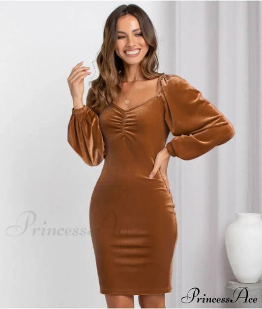 Fashion Slim Bag Hip Backless Skirt With Square Collar S / Yellow Brown