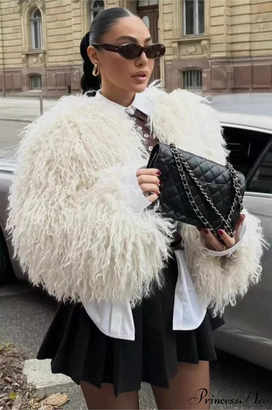 Faux Fur Short Warm Long-Sleeve Street Coat White / S