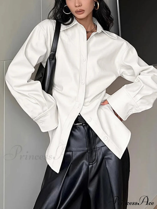Faux Leather Solid Trendy Collar Button Down Shirt Off-White / Xs Shirts