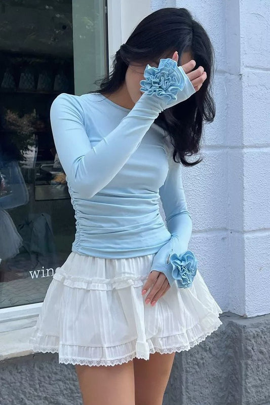 3D-Blumenmuster, schmal geschnittenes Langarmshirt