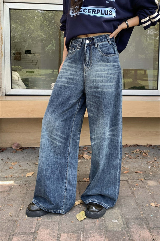 Vintage Washed Whisker High Waist Loose Jeans