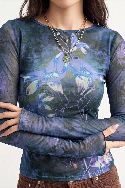 Blue Floral Print Mesh Long Sleeve Top