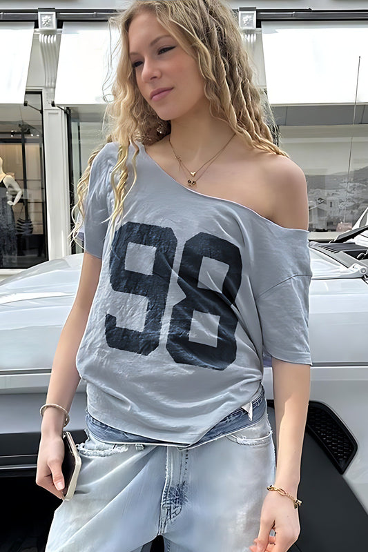 Casual Loose Number Print Off Shoulder Crew T-shirt