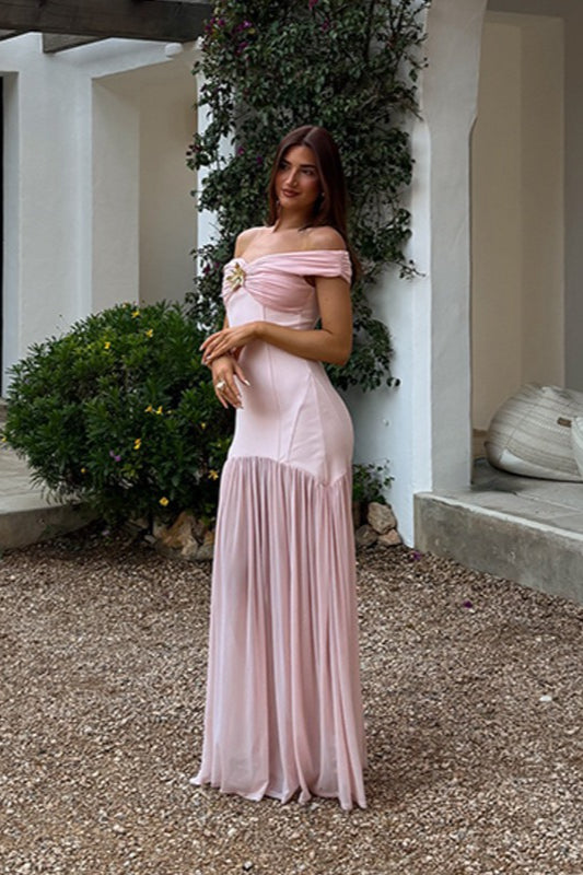 Schlauchfreies, schulterfreies, figurbetontes Maxikleid mit Mesh-Einsätzen