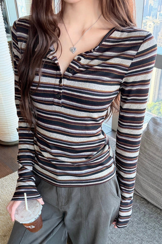 Striped Henley Neck Fitted Long Sleeve Tee