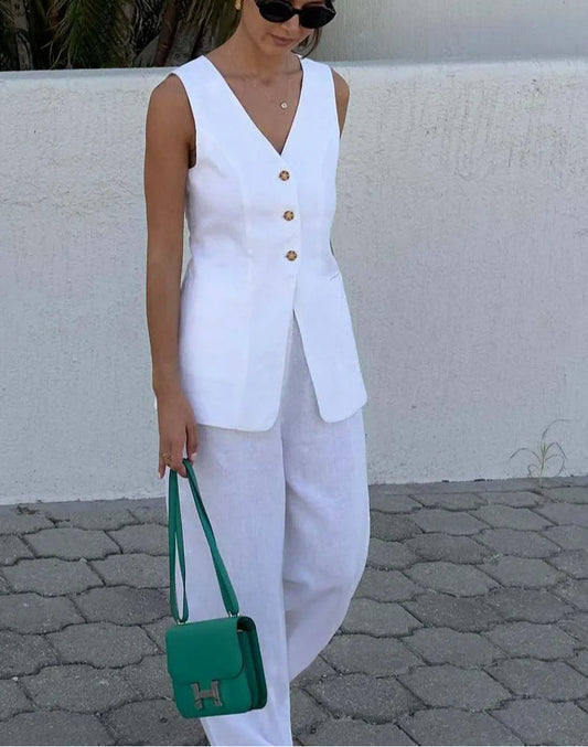 Weißes, ärmelloses, gerade geschnittenes Baumwoll-Zweiteiler-Set fürs Büro