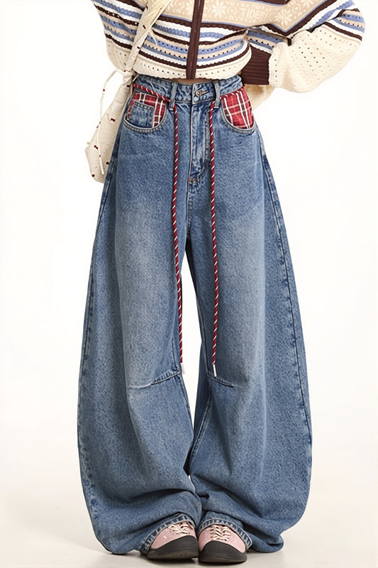 Plaid Panel Drawstring Barrel Jeans