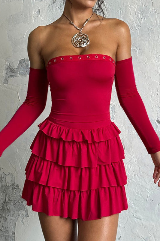 Vintage-Minikleid mit langen Ärmeln und schulterfreiem Oberteil