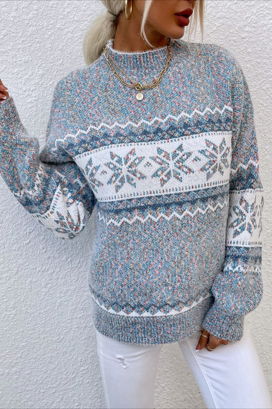 Strickpullover mit halbhohem Kragen und Schneeflockenmuster