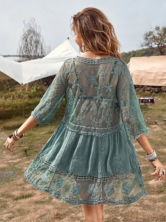 Fitshinling V-neck Sheer Lace Boho Cover-up bohodress-250126