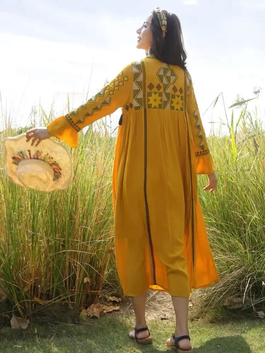 Flare Sleeve Tassel Vintage Style Floral Boho Dress bohodress-250126