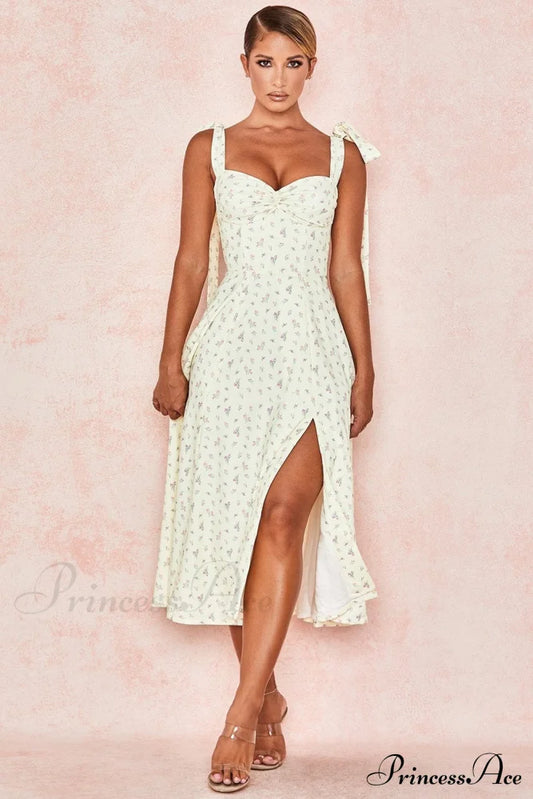 Fleur De Paris Charming Floral Split Midi Dress Yellow / S