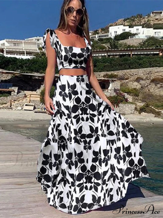 Floral Crop Top And High Waisted Long Skirt Set S / Black Two Piece Maxi Dress