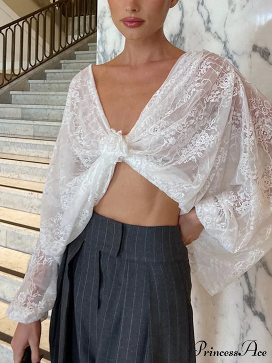 Floral Decor Twisted Trendy Lace Semi-Sheer Blouse White / Xs Blouses
