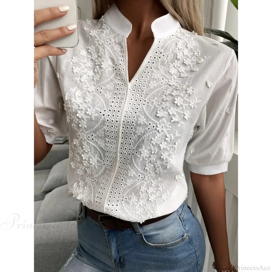 Floral Embroidery Hollow Out V Neck Blouse WHITE / S blouse-250223