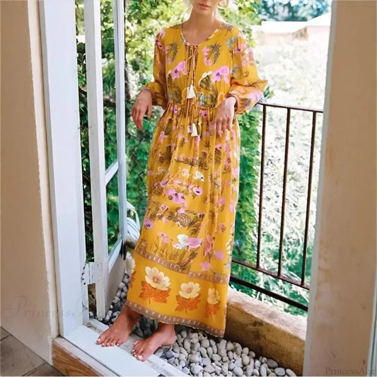Floral Flare Sleeve Ruffles Cotton Boho Dress Yellow / S bohodress-250126