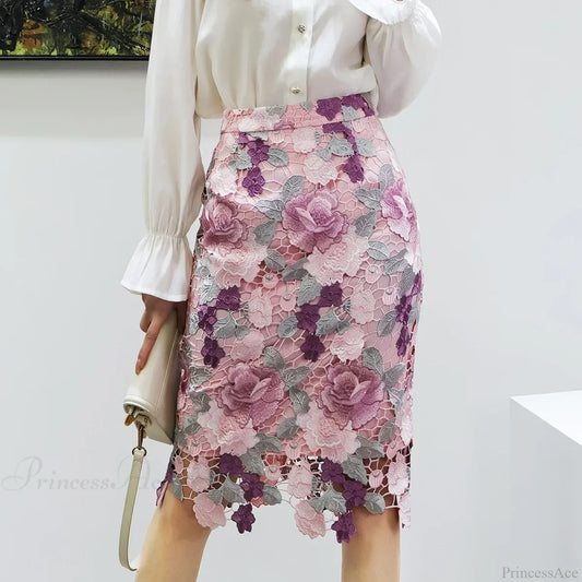 Floral Lace Pencil Skirt for Women Pink / S