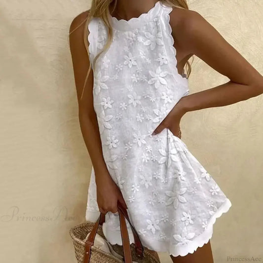 Floral Off-Shoulder Embroidery Loose Hem Floral Dress WHITE / S floraldress-250126