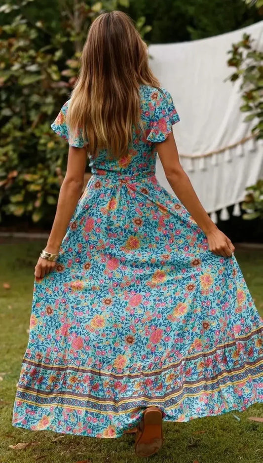 Floral Print Bat Sleeve Sashes Wrap Maxi Boho Cover-ups bohodress-250126