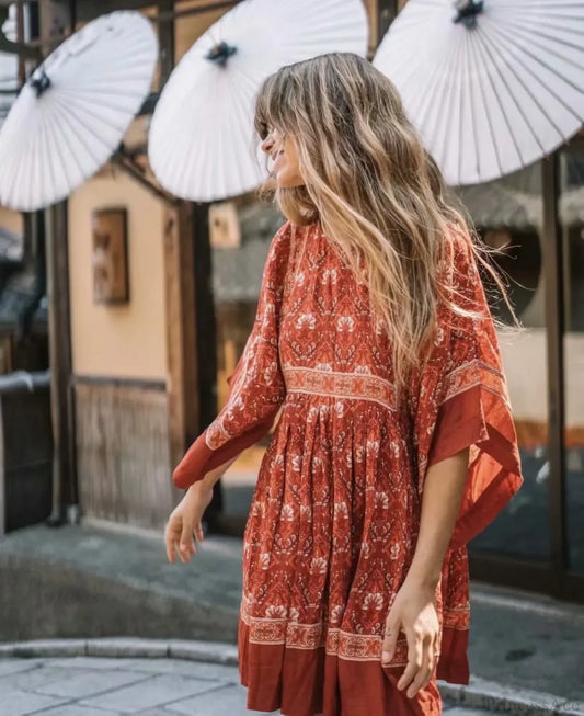 Floral Print Batwing Sleeve O-neck Summer Boho Dress Red / S bohodress-250126