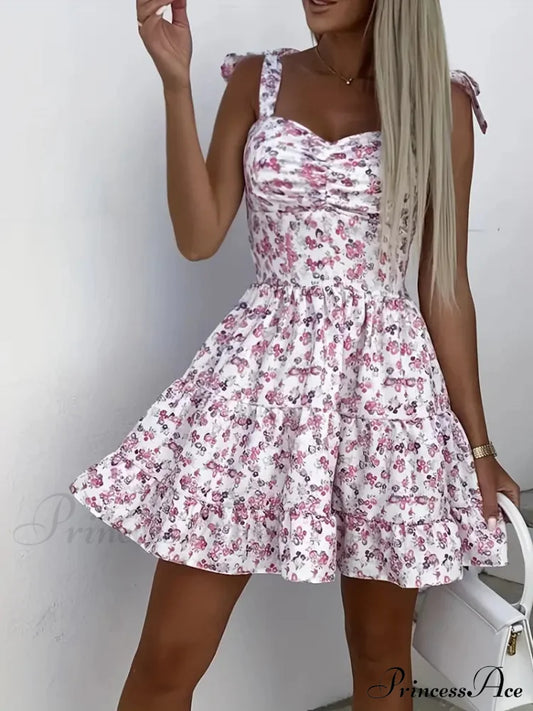 Floral Print Ruffle Hem Cami Dress With Spaghetti Straps S / Rose Floral Mini A Line Dress