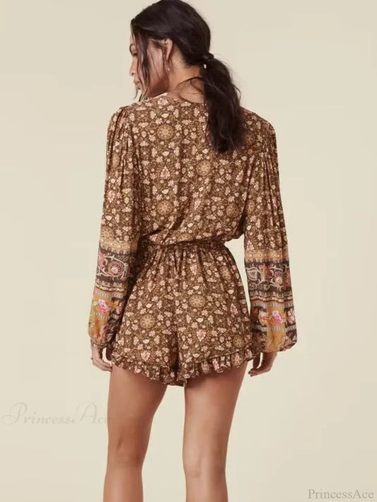 Floral Print Sashes V-neck Long Sleeve Tassel Rayon Boho Romper bohodress-250126