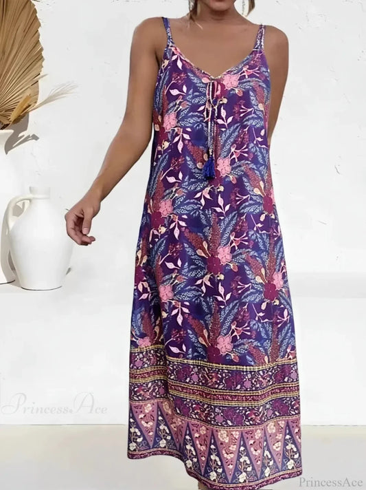 Floral Print Sleeveless Beach Boho Dress Purple / S bohodress-250126