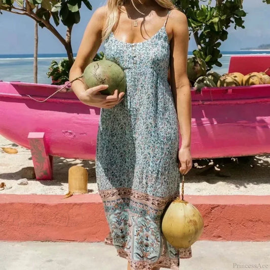 Floral Print Sleeveless Strap Rayon Cotton Midi Boho Dress light blue / S bohodress-250126