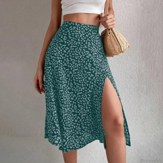 Floral Print Slit A-Line High Waist Loose Skirt Green / S skirt-250126